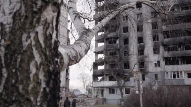 This stock slow motion video shows a war-torn building in Borodyanka, Ukraine