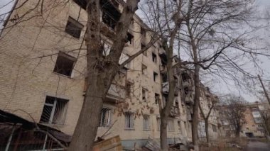 This stock slow motion video shows a war-torn building in Borodyanka, Ukraine