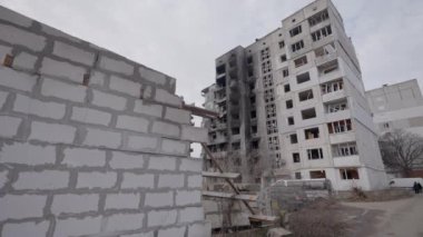 This stock slow motion video shows a war-torn building in Borodyanka, Ukraine