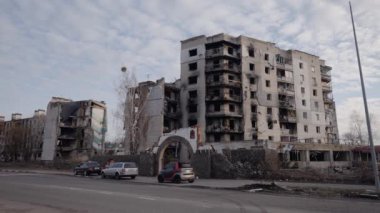 This stock slow motion video shows a war-torn building in Borodyanka, Ukraine