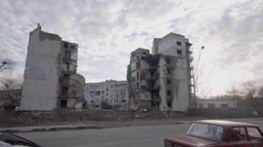 This stock slow motion video shows a war-torn building in Borodyanka, Ukraine