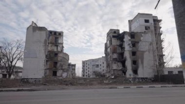 This stock slow motion video shows a war-torn building in Borodyanka, Ukraine