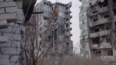 This stock slow motion video shows a war-torn building in Borodyanka, Ukraine