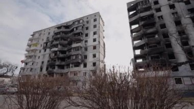 This stock slow motion video shows a war-torn building in Borodyanka, Ukraine