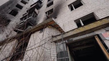 This stock slow motion video shows a war-torn building in Borodyanka, Ukraine