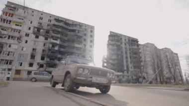 This stock slow motion video shows a war-torn building in Borodyanka, Ukraine