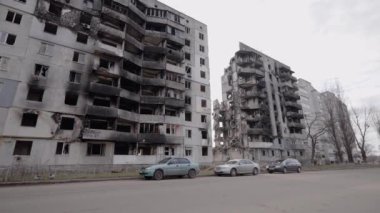 This stock slow motion video shows a war-torn building in Borodyanka, Ukraine