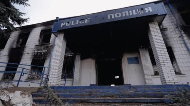 This stock video shows a police station destroyed during the war in Ukraine