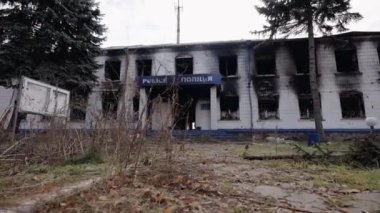 This stock video shows a police station destroyed during the war in Ukraine