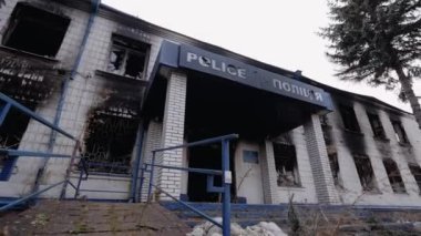 This stock video shows a police station destroyed during the war in Ukraine