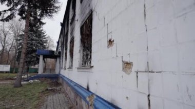 This stock video shows a police station destroyed during the war in Ukraine