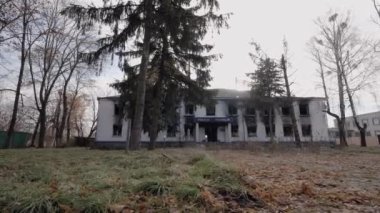 This stock video shows a police station destroyed during the war in Ukraine