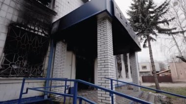 This stock video shows a police station destroyed during the war in Ukraine