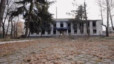 This stock video shows a police station destroyed during the war in Ukraine