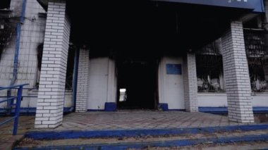 This stock video shows a police station destroyed during the war in Ukraine