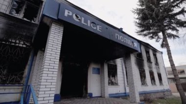 This stock video shows a police station destroyed during the war in Ukraine