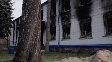This stock video shows a police station destroyed during the war in Ukraine