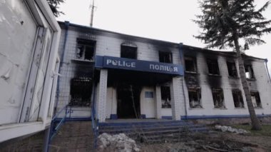 This stock video shows a police station destroyed during the war in Ukraine