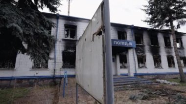 This stock video shows a police station destroyed during the war in Ukraine