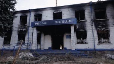 This stock video shows a police station destroyed during the war in Ukraine