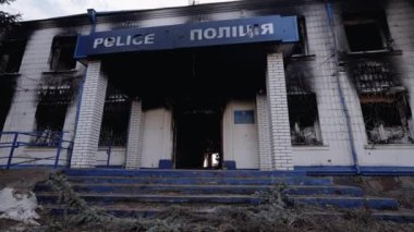 This stock video shows a police station destroyed during the war in Ukraine