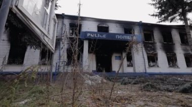 This stock video shows a police station destroyed during the war in Ukraine