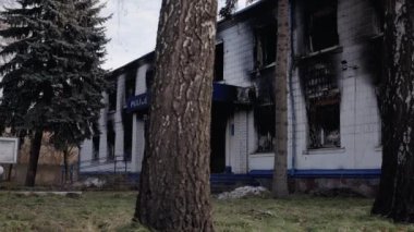 This stock video shows a police station destroyed during the war in Ukraine