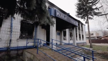 This stock video shows a police station destroyed during the war in Ukraine