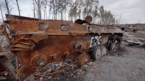 Denna Stock Video Visar Förstörd Rysk Militär Utrustning Kriget Ukraina — Stockvideo