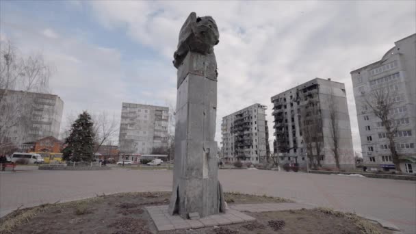 Nagranie Pokazuje Przestrzelony Pomnik Tarasa Szewczenki Borodyance Ukraina — Wideo stockowe