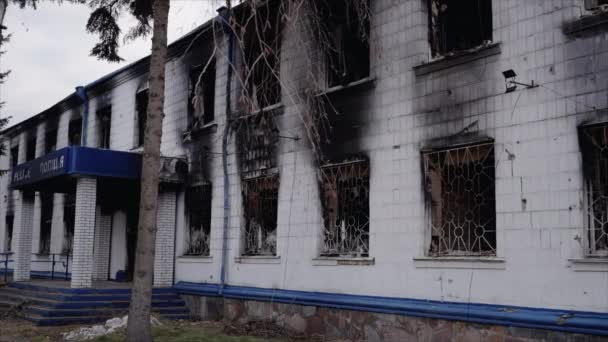 Stock Video Shows Police Station Destroyed War Ukraine Slow Motion — Stock Video