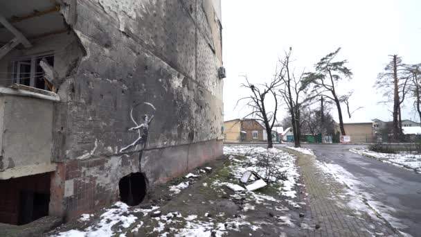 Stock Video Shows Graffiti Banksy Gymnast Ribbon Wall War Torn — Stock Video