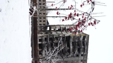 Bu dikey stok video, Ukrayna, Borodyanka 'da kışın yıkılan bir binayı gösteriyor.