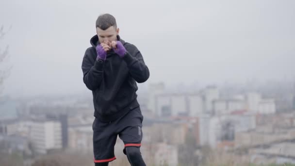 Male Boxer Engaged Sports Training Outdoors City Slow Motion — Stock Video