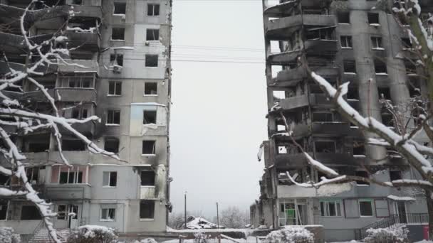 Nagranie Pokazuje Rozdarty Wojną Budynek Borodyance Ukraina Zimie Rozdzielczości — Wideo stockowe