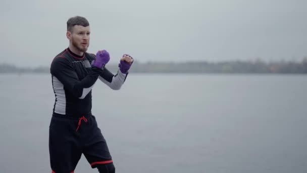 Male Boxer Engaged Sports Training Outdoors City — Stock Video