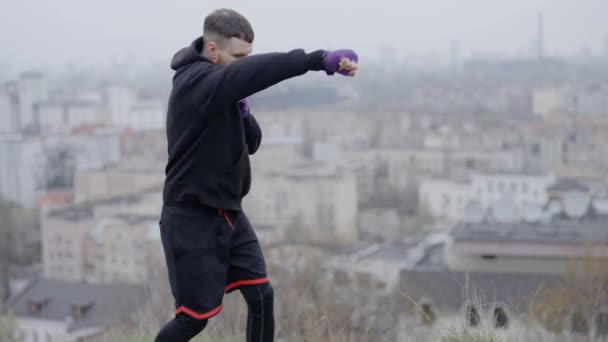 Male Boxer Engaged Sports Training Outdoors City — Stock Video