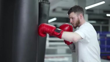 Spor salonunda antrenman yaparken erkek boksör.