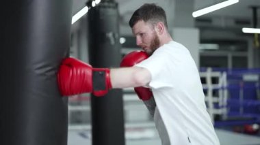 Spor salonunda antrenman yaparken erkek boksör.