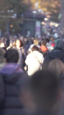 KYIV, UKRAINE 6 Ekim 2024: Sonbaharda bir şehir caddesinde kalabalığın dikey videosu.