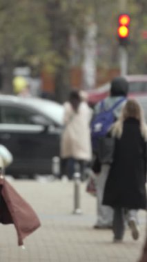 KYIV, UKRAINE - 6 Ekim 2024: Birçok insanın sonbaharda yavaş çekimde sokakta yürüdüğü dikey video