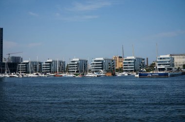 Houses for vacationers in the form of ships on the embankment of the Baltic Gulf. Gdynia. Poland.       