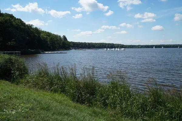 stock image Yachts on the lake in Paprocany park.Tychy, Silesian Voivodeship, Poland