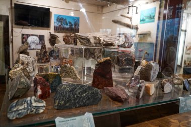 Çerkasy Yerel Lore Müzesi 'nde çeşitli taşlar, mineraller, yarı değerli.