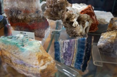 Çerkasy Yerel Lore Müzesi 'nde çeşitli taşlar, mineraller, yarı değerli.