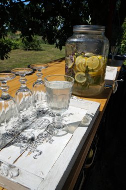 Evin bahçesindeki masada üzerinde limonata ve gözlük olan bir kap.