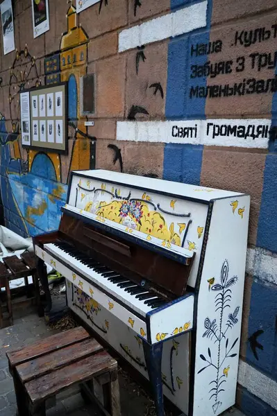 Dnipro şehrinin Mystetskyi sokağında boyalı piyano.