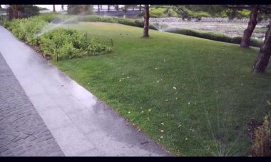 Şiddetli rüzgarlarda parkta çimlerin otomatik sulanması