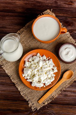 Kefir, süzme peynir, ahşap arka planda toprak kaplamalı ekşi krema. Sağlıklı gıda konsepti. Mayanın mayalanması için enzim, mide sağlığı konsepti. Yukarıdan görüntüle