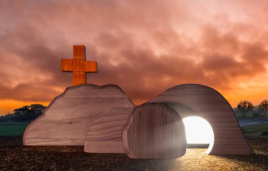 Beyaz ışıkla parlayan ahşaptan yapılmış diriliş mezarı girişi oluşturur..